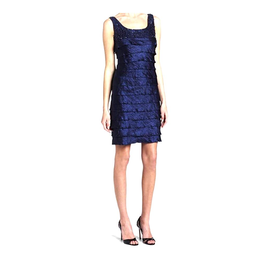 Jessica Howard Tiered Sheath Dress Navy Blue Beaded Shutter Party Formal Size 12